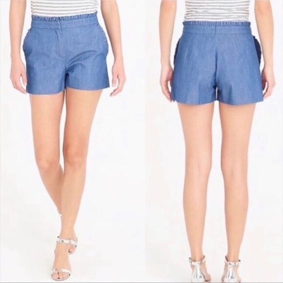 J. Crew Size 6 Blue Denim Chambray Ruffle Trim Summer Shorts - Picture 1 of 9